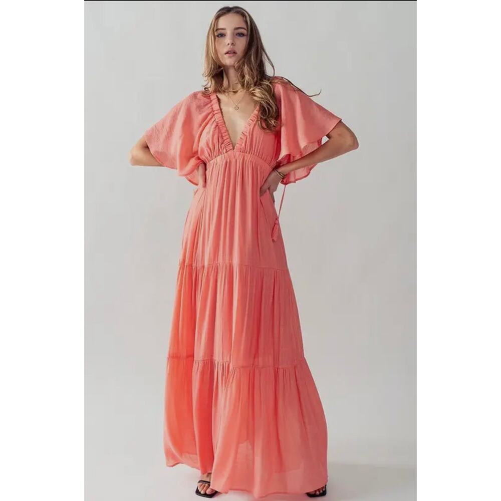 Deep V Neck Tiered Maxi Dress-Coral